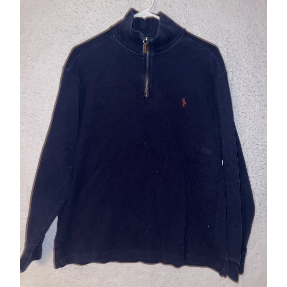 Polo Ralph Lauren 1/4 Zip Ribbed Sweater Men's L Navy Blue Red Pony 100% Cotton